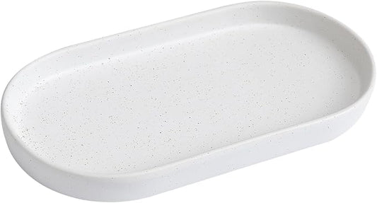 Speckled White Round Soap Dispenser Tray - 8'' Ceramic Vanity Tray for Bathroom Decorative, Jewelry Ring Dish, Comestic Holder, Kitchen Sink Countertop Organizer Plate