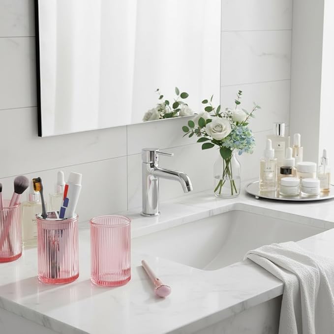 Pink Toothbrush Holders for Bathrooms, 2pcs Glass Toothbrush Holder and 12oz Bathroom Tumbler Cup Set, Silver Tooth Brush and Toothpaste Organizer for Bathroom Vanity Countertop