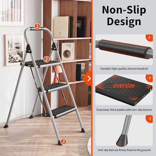3-Step Folding Ladder, Non-Slip Wide Pedal Step Stool with Soft Handle and Stable Feet, Heavy-Duty Steel Structure, 900lbs Capacity, Foldable Design for Home and Office, Grey