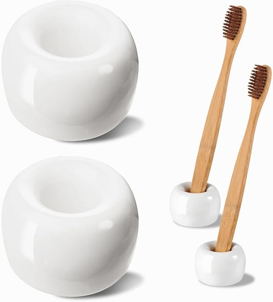 SheeChung Small Ceramic Toothbrush Holders, Mini Tooth Brush Stand, 2 Pack | White Cute Toothbrush Organizer, for Bathroom Countertop, Travel, Camper, Modern, Minimalism, Space-Saving, No-Slip Bottom