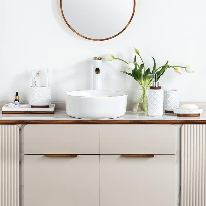 RQYIXI Ceramic 6-Piece Bathroom Accessories Set,White,with Trash Can | ceramic and wood embossed design with Trash Can modern countertop organization