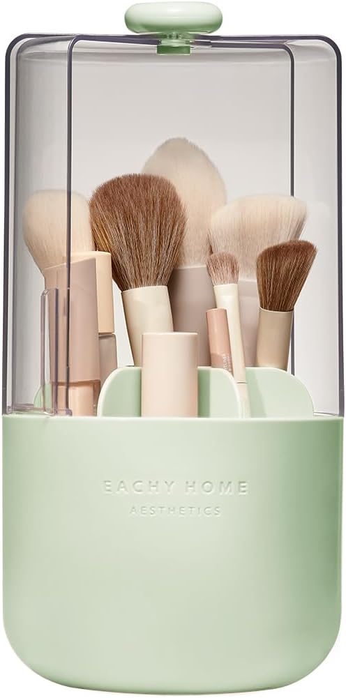 EACHY Makeup Brush Holder with Lid, Rotating Makeup Brush Organizer, Green | Dustproof Lid, 7 Compartments, Waterproof Plastic, Vanity Makeup Organizer for Brushes