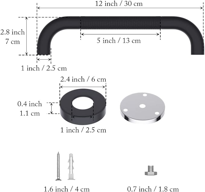 12 Inch Anti Slip Shower Grab Bar, Black Munzong Bathroom Balance Bar | Knurled Bathroom Grab Bar Safety Hand Rail Support Handicap Elderly Injury Senior Assist Bath Handle