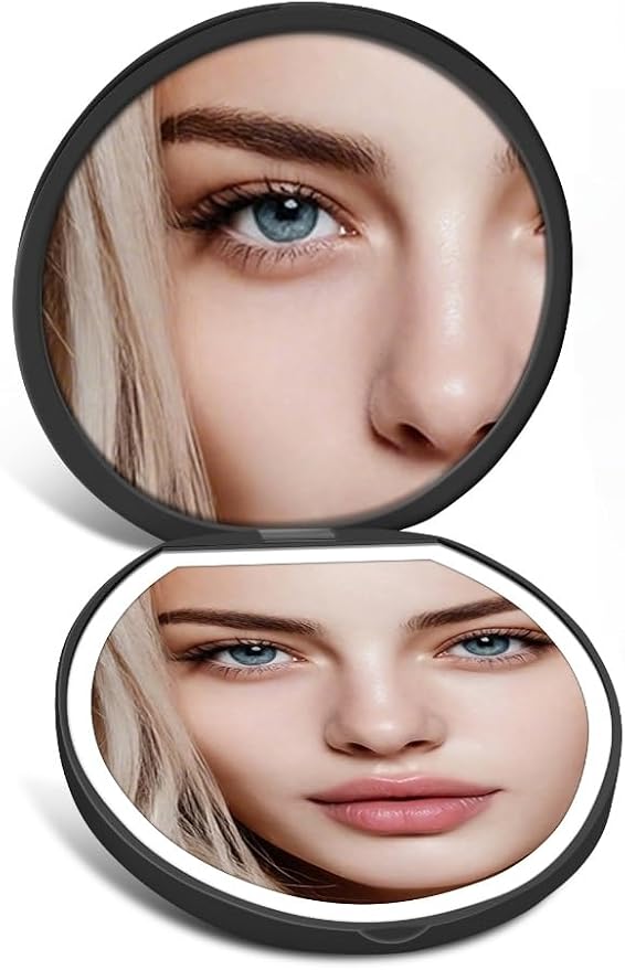 Compact Mirror with Light, Rechargeable 40X Magnifying Mirror with 3 Lighting Modes & Dimmable Brightness, Portable Travel Makeup Mirror; Essentials for Travel, Pocket, Purse Gifts Black