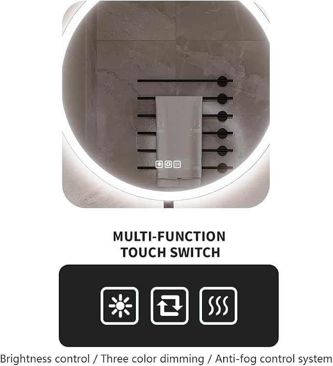 28inches Round wall LED Mirror,samrt Mirror Bathroom with Light,Anti- Fog,3 Colors Dimmable,Front and Backlit,CRI90+,Touch Button