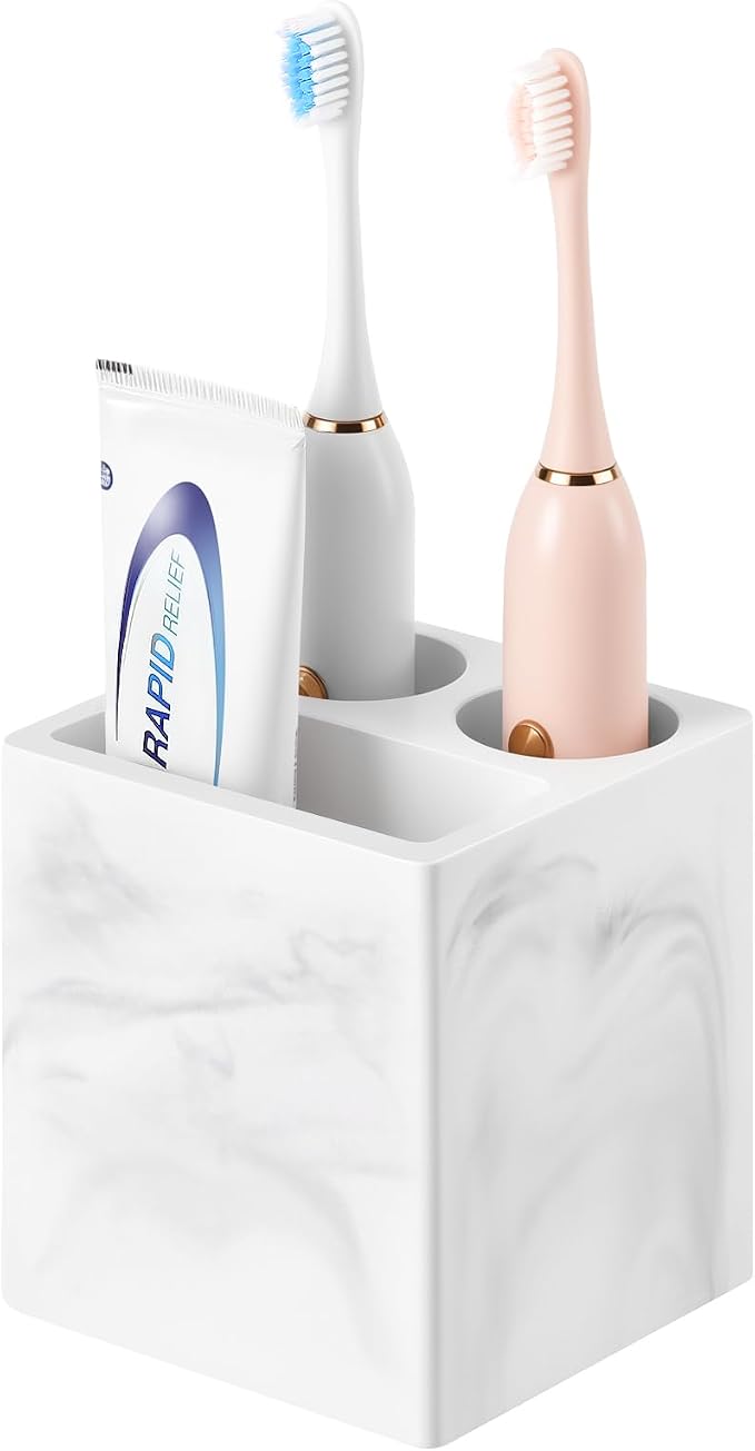 Luxspire Toothbrush Holder, 3 Slots, Marble White | Diatomite, Fast Drying, Toothbrush Holders for Bathroom, Toothbrush and Toothpaste Holder for Countertop