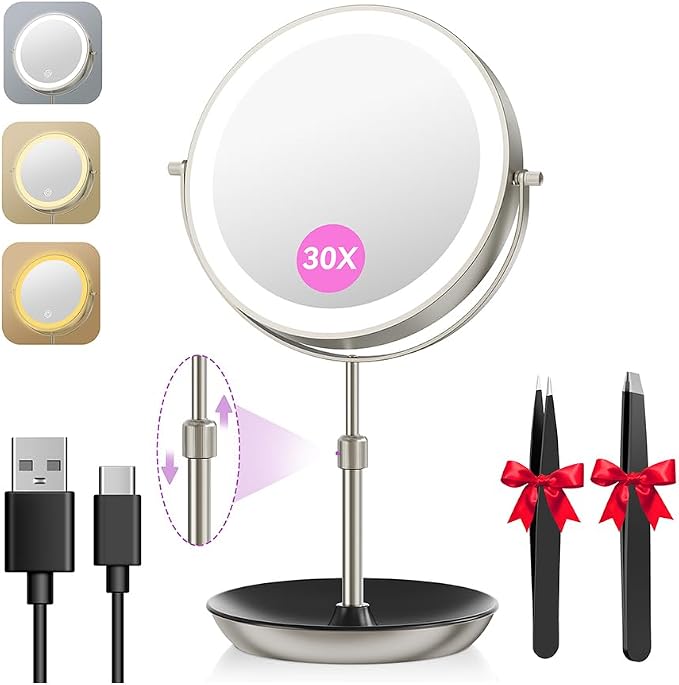 Auxmir 9" 1X/30X Lighted Makeup Mirror, Rechargeable Maginfying Mirror | 3 dimmable colors, 14.9-18.5 in adjustable height, 3000mAh, 360°rotation, stable storage base, 30X magnification, Nickel