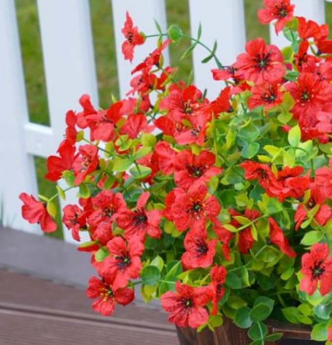 Artificial Flowers for Outdoor Indoor Garden Home Decoration, Faux Flower Daisy with Eucalyptus Leaves Fake Plants Greenery Boxwood Porch Patio, 12 Bundles (Red)