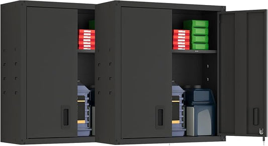 30 Inch Metal Wall Cabinet, Metal Wall Cabinet for Garage, 2pcs,Black | Wall Mount Cabinet with Lock and Adjustable Shelf, Lockable Storage Cabinet for Home Office,Garage,Gym,School