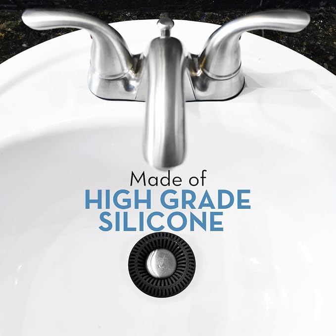 SinkRing Bathroom Sink Drain Protector & Strainer for Sink Stoppers, Black | Easy snap-in design. Precision clog-free trap prevents loss of earrings, jewelry or contacts. Fits 1.37" - 1.57" stoppers.
