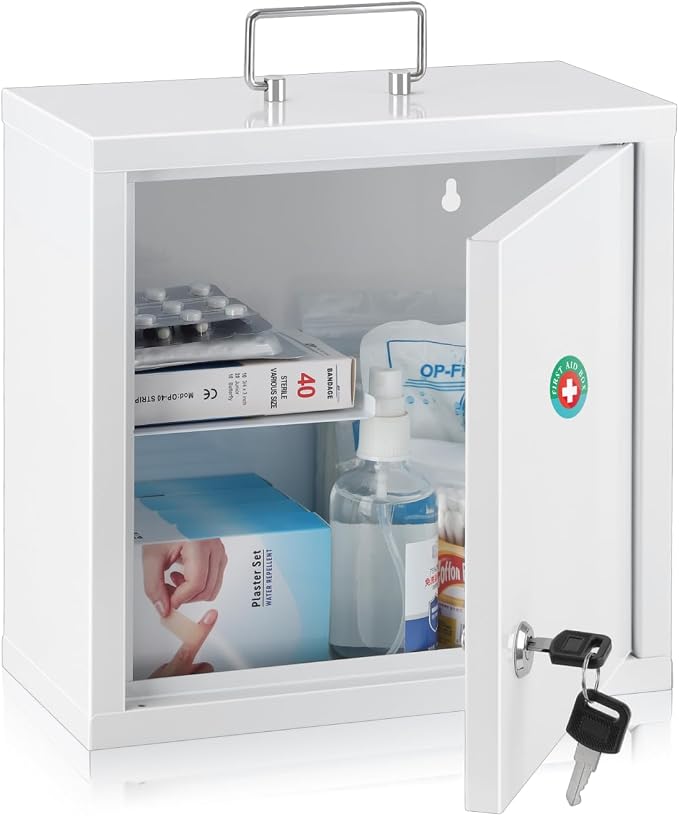 KYODOLED Locking Medication Lock Box with Keys, Wall Mount, White | 10 x 4.7 x 10 inch, steel durability, locking controlled access, child safe out of reach storage, home & first aid use