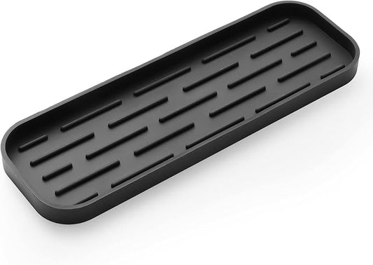 MicoYang Silicone Kitchen Sink Organizer Tray for Multiple Usage,Eco-Friendly Sponges Holder for Kitchen Bathroom Counter or Sink,Dish Soap Dispenser,Scrubber,Bottle,Cup (Black, 12"×4")