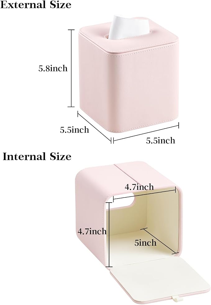 PU Leather Tissue Box Cover Square Tissue Box Holder, Pink | Magnetic Closure, Rounded Edges, Fits All Standard Cube Tissue Boxes, Decorative Tissue Holder for Living Room Bedroom Office