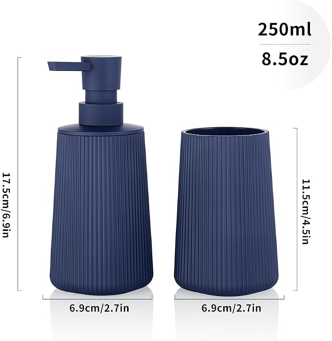 YAUKPH Bathroom Soap Dispenser and Toothbrush Holder Striped Blue | Bathroom Accessories Set 2 Piece for Bathroom Countertop Storage and Decor