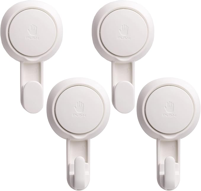 Heavy Duty Suction Cup Shower Hooks 4 Pack, Damage-Free Shower Hangers for Inside Bathroom Wall, Powerful Vacuum Suction Towel Hooks, Loofah Holders, Easy to Install and Remove, White