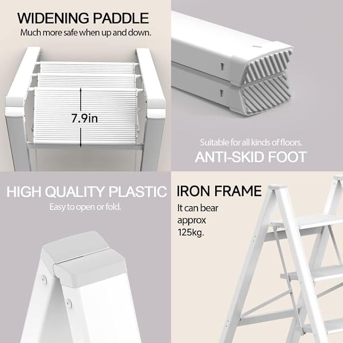 3 Step Ladder, Folding Step Stool, Lightweight Stepladder, White | Anti-Slip 7.9'' Wide Pedal;Space-Saving;For Kitchen, Home, Library, Office Use;300lbs Capacity