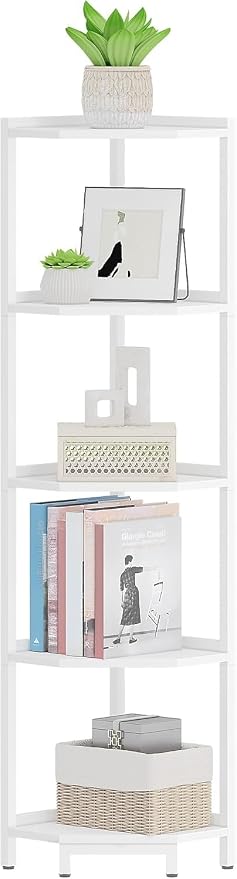Hzuaneri Corner Shelf Stand 5-Tier Corner Bookshelf Storage Standing Shelf | Bookcase Plant Stand with Metal Frame for Living Room, Home Office, Bedroom, White CS05913W