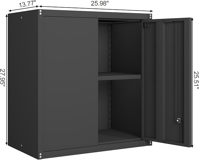 GREATMEET Metal Garage Storage Cabinet with Lock, Metal Wall Cabinets for Garage, Wall Mount Cabinet, Upper Cabinets Wall Mounted, Utility Cabinet with Adjustable Shelf for Home Office, Black