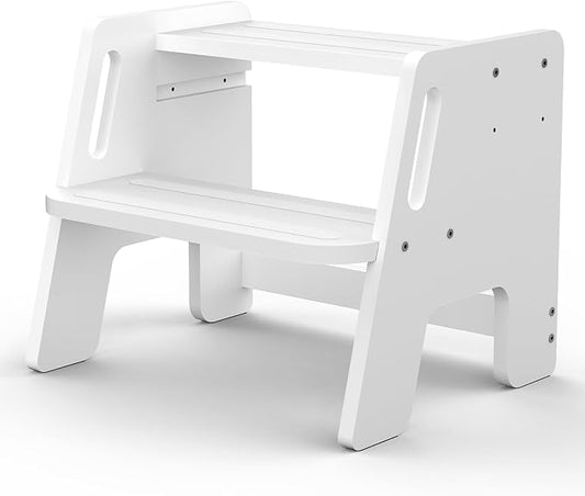 Toddler Step Stool, Wooden Height-Adjustable 2-Step Stool for Kids, Potty Training Stool with Handles for Bathroom Sink, Kitchen, Bedroom-White