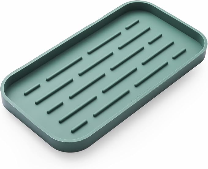 MicoYang Silicone Kitchen Sink Organizer Tray for Multiple Usage,Eco-Friendly Sponges Holder for Kitchen Bathroom Counter or Sink,Dish Soap Dispenser,Scrubber,Bottle,Cup (Green, 10"×5.3")