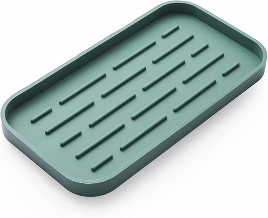 MicoYang Silicone Kitchen Sink Organizer Tray for Multiple Usage,Eco-Friendly Sponges Holder for Kitchen Bathroom Counter or Sink,Dish Soap Dispenser,Scrubber,Bottle,Cup (Green, 10"×5.3")