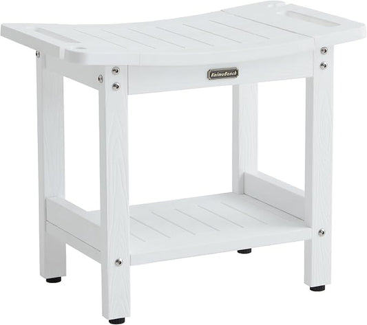 KaimuBench HDPS Curved Shower Bench Waterproof Bath Stool with Storage | Poly Shower Stool for Shaving Legs, Handles & Shower Head Holder, Adjustable Feet for Inside Shower, Non-Slip, Anti-Rotting