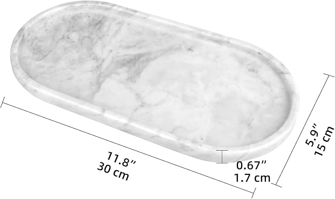 Oval Marble Bathroom Vanity Tray, Light Grey, 12" x 6" x 0.8" | Natural Luxury Marble, Home Kitchen Bathroom Table Tray, Stone Decorative Countertop Tray, For Coffee Perfume Jewelry