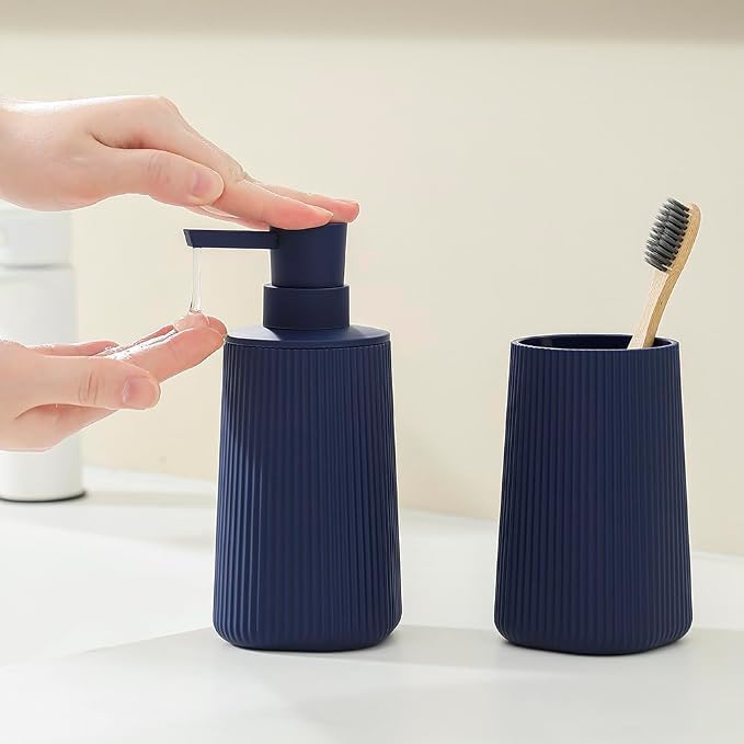 YAUKPH Bathroom Soap Dispenser and Toothbrush Holder Striped Blue | Bathroom Accessories Set 2 Piece for Bathroom Countertop Storage and Decor