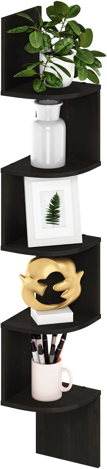 Furinno Rossi 5-Tier Floating Corner Shelf for Wall, Corner Zigzag Shelf Wall Mounted, Radial Wall Mount Shelves, for Home Office, Living Room, Bedroom, Bathroom, Espresso