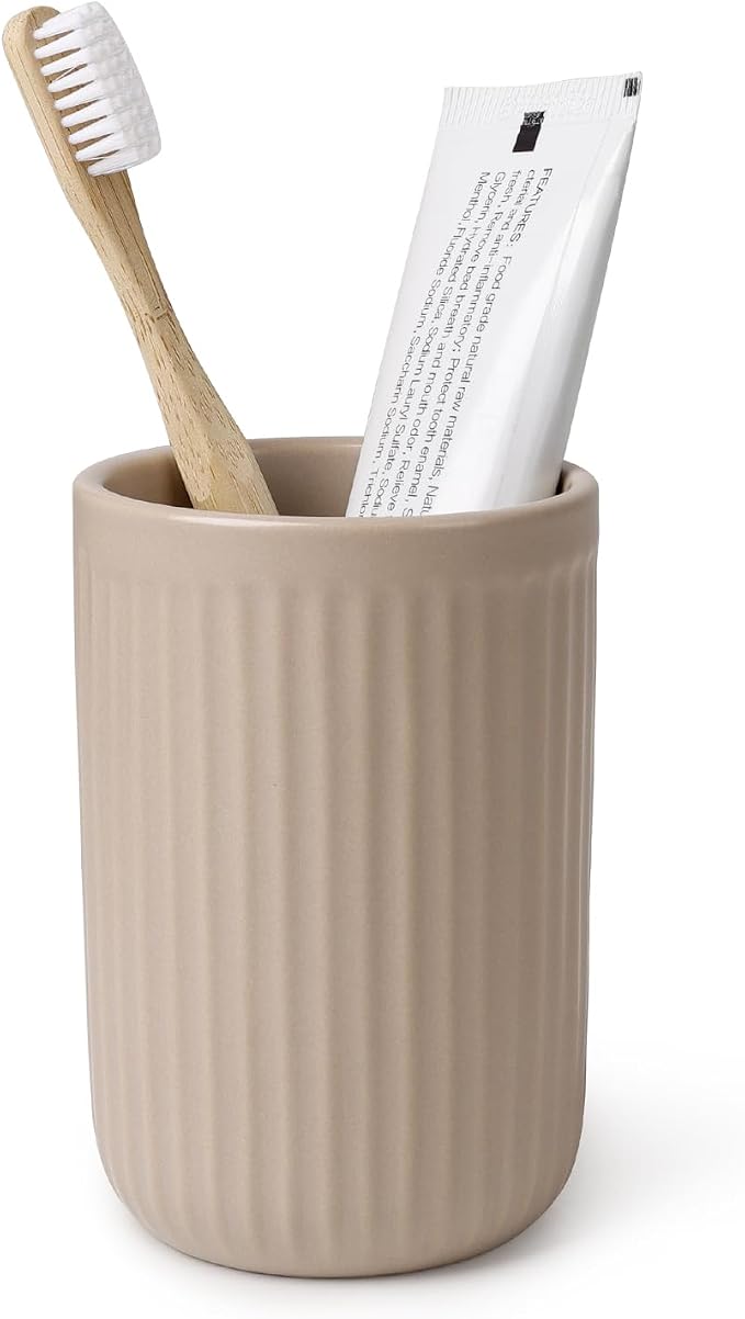 BosilunLife Ceramic Toothbrush Holder - 12oz Bathroom Toothbrush Holder Tooth Brush Holders Tumbler Cups Reusable Toothbrush Mouthwash Cup Small Toothbrush and Toothpaste Holder, Striped Khaki