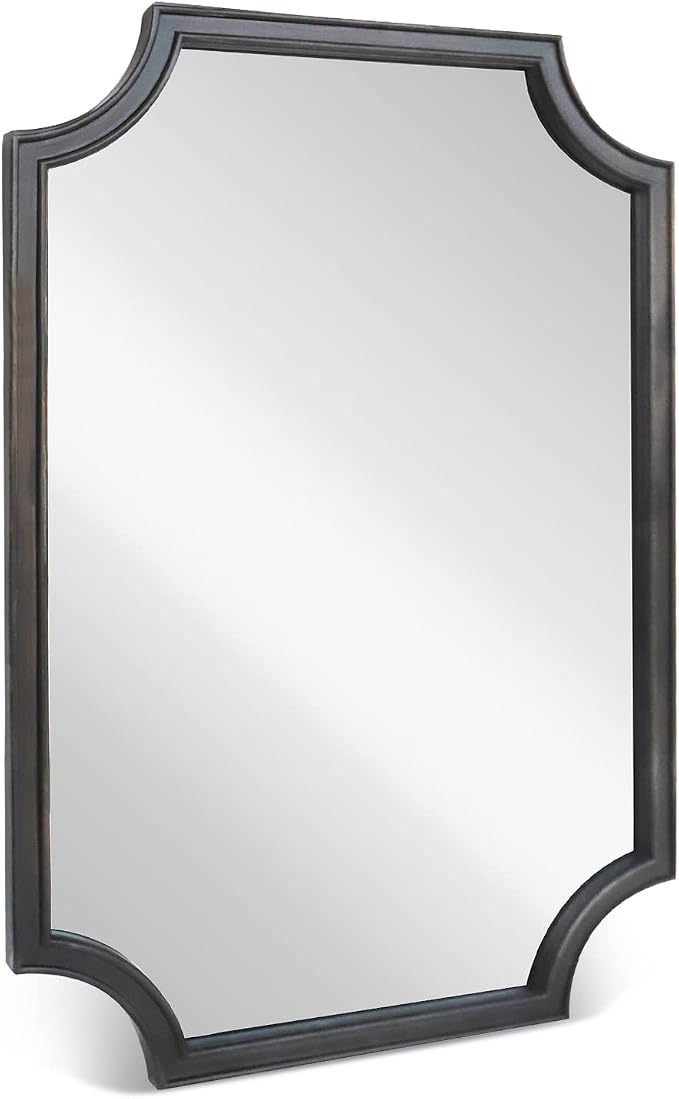 24" x 36" Full Scalloped Corners Arch Rectangle Wall Mirror with Wood Frame for Entryway, Living Room or Bedroom Home Decor - Light Woodgrain [24" x 36" Black]