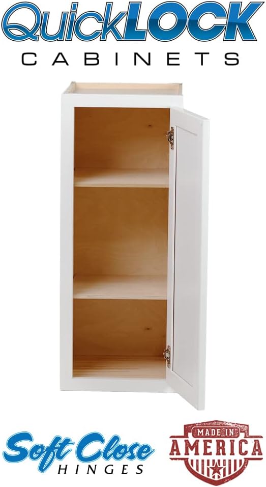 Quicklock RTA (Ready-to-Assemble) 42" Tall Wall Kitchen Cabinets - Shaker Style | 100% Hardwood | Made in America | Soft Close Hardware (Pure White, 12" D x 21" W x 42" H)