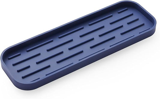 MicoYang Silicone Kitchen Sink Organizer Tray for Multiple Usage,Eco-Friendly Sponges Holder for Kitchen Bathroom Counter or Sink,Dish Soap Dispenser,Scrubber,Bottle,Cup (Navy Blue, 12"×4")
