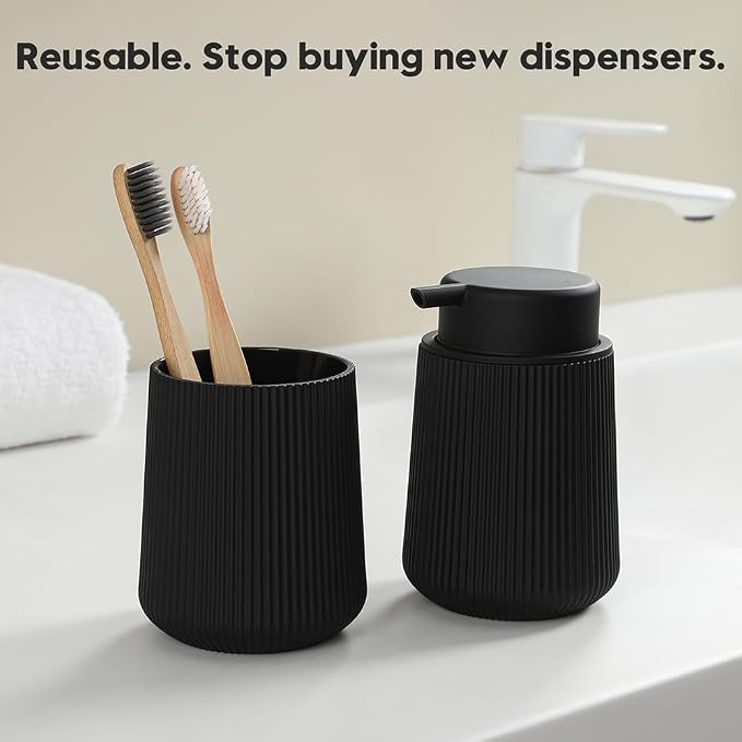 YAUKPH Striped Foaming Hand Soap Dispenser Black | with Leak-Proof Pump for Bathroom and Kitchen Countertop 11oz