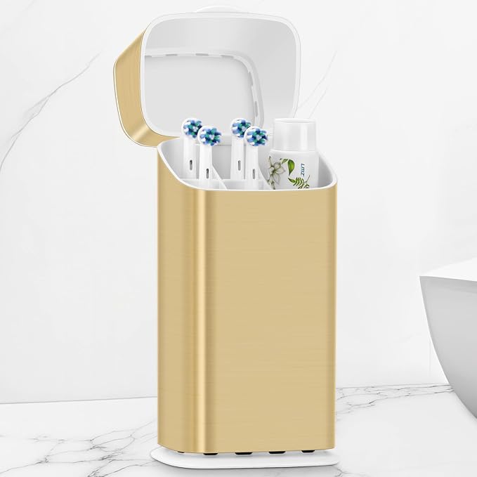 GFWARE Gold Electric Toothbrush Holder with Cover, Ventilated & Drainage | Detachable 5 Slots Bathroom Organizer for Toothbrush & Toothpaste, Waterproof & Dustproof, Electric Toothbrushes Under 10 In