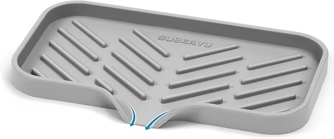 Silicone Kitchen Soap Tray, Sink Tray,Grey, [Size: 9.5 x 5 inch] | Sponge Holder for Kitchen Counter Soap Bottles and Organizer with Drain Spout