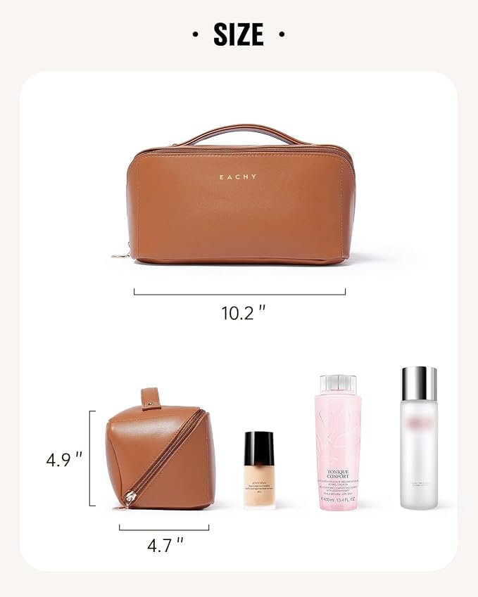 EACHY Travel Makeup Bag for Women, PU Leather Cosmetic Bag, Brown, Large | Water-resistant PU leather exterior with flat-open access, clear TPU brush compartment and organized storage for cosmetics