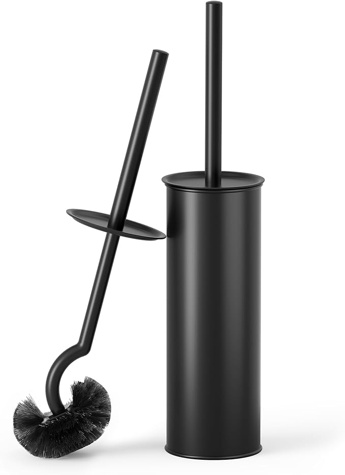 Cesun 304 Stainless Steel Toilet Brush and Holder Set, 2 Brush Heads, Black | S-Shaped Deep Cleaning, Scratch-Free Nylon Bristles, Long Handle & Splash Guard, Replaceable Brush Head