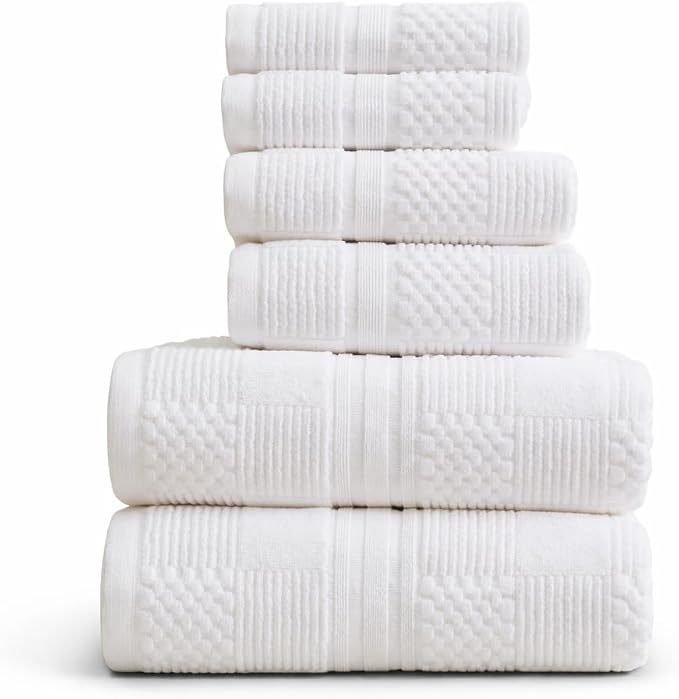 100% Cotton Bath Towel Set | 6-Piece Set | Textured | White | Luxury Geometric Design | Absorbent & Quick-Dry Bathroom Towels | Textured and Durable Cotton Towels for Bathroom | OEKO-TEX