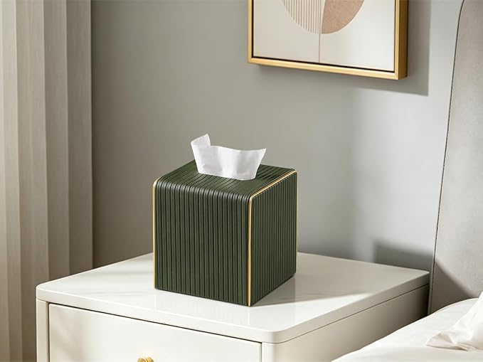 Square PU Leather Tissue Box Cover with Magnetic Closure, Decorative Tissue Holder & Storage Container for Bedroom, Living Room, Dining Room, Bathroom, Countertop, Desk (Square Green)