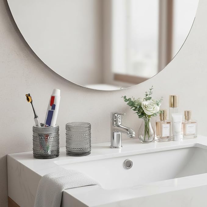 Grey Toothbrush Holders for Bathrooms, Glass Toothbrush Holder with 2 Slot Divider, 10oz Bathroom Tumbler and Mouthwash Cup, Tooth Brush Holder for Brushes, Toothpaste