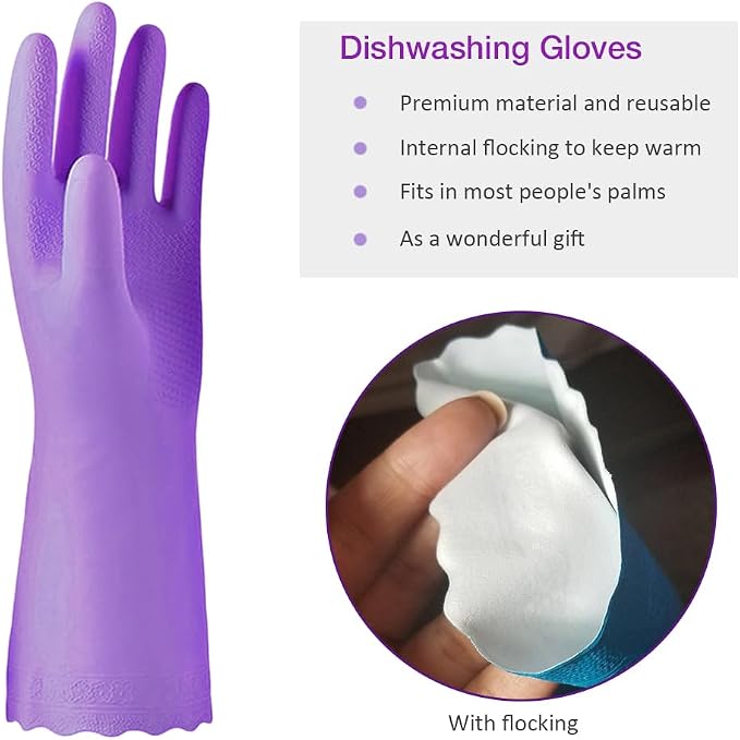 Alimat PluS Kitchen Gloves Latex Free, Cotton Flock Liner, 4 Pairs, Large | Reusable Dishwashing Gloves with Non Slip Embossed Texture, Waterproof Cleaning Gloves for Laundry, Gardening