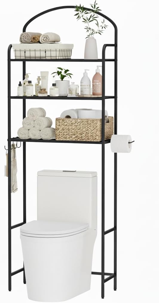 3 Tier Over The Toilet Storage Rack, Bathroom Organizer | Toilet Storage with 4 Hooks & Paper Holder, Space-Saving, Freestanding Bathroom Shelf, Metal, Black