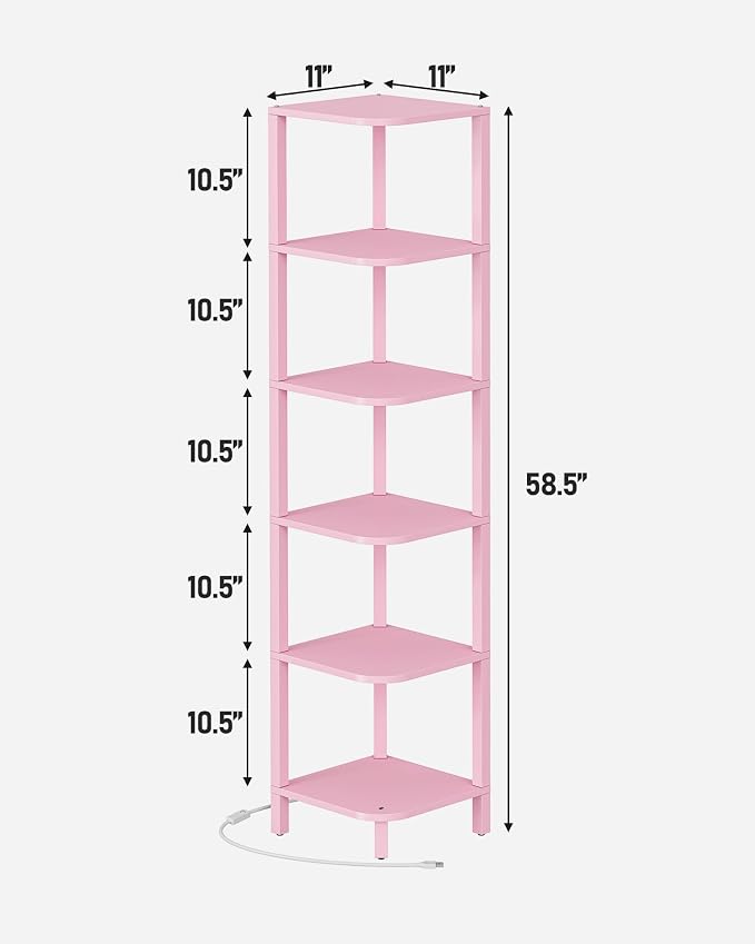 TUTOTAK Corner Shelf with LED Light, 6-Tier Corner Bookshelf | for Small Space, Narrow Display Corner Shelf Stand with Storage Rack, for Living Room, Bedroom, Pink BS08BP006L