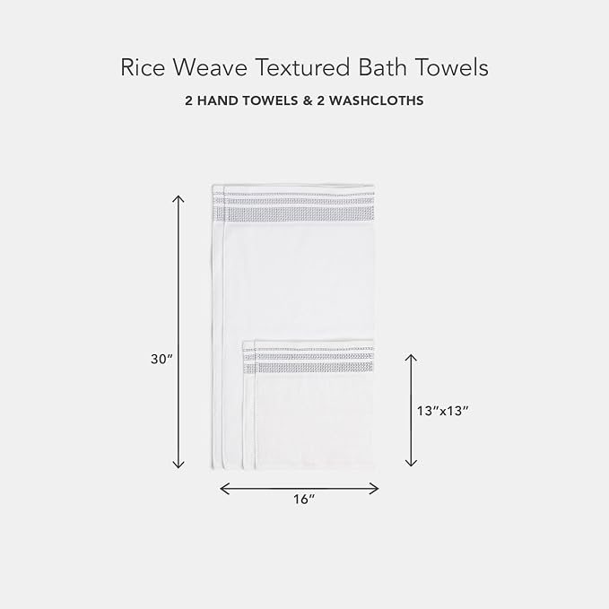 Texere 100% Organic Cotton Rice Weave Jacquard 700 GSM Luxury Bath Towel Sets - 2 Hand Towels, 2 Washcloths (Rice Weave, BRT Wht w/Blk, 2 Hand & 2 Wash Towels)