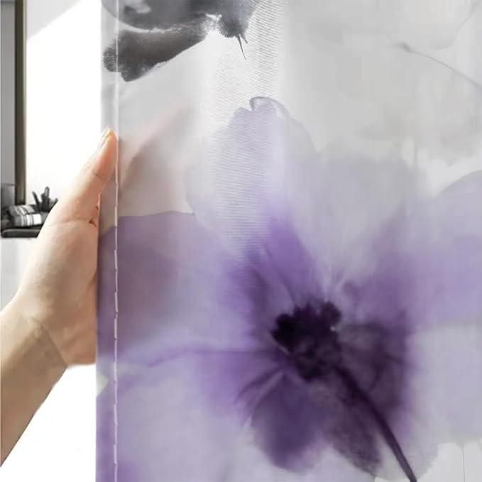 Sanzugh Boho Floral Shower Curtain, Cream Tan Beige Purple Grey White Flower Farmhouse Fabric Shower Curtains Set for Bathroom Decorative with Hooks 72 X 72 inch Spring Bath Decor