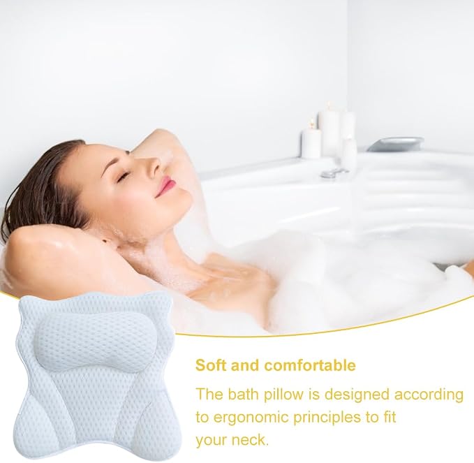 Bath Pillow,Ergonomic Bathtub Pillows for Tub Neck and Back Support,with 6 Powerful Suction Cups,Provide Shoulder and Back Relaxing,Bath Accessory,Fits All Types Bathtub(White)