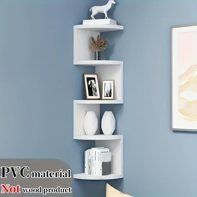 No-Drill Modern Corner Shelf Wall Mount, 5-Tier Floating Storage Rack, Corner Bookshelf with Hooks, Space-Saving Zigzag Plant Shelf for Bedroom, Living Room, Bathroom, Home Office(White)