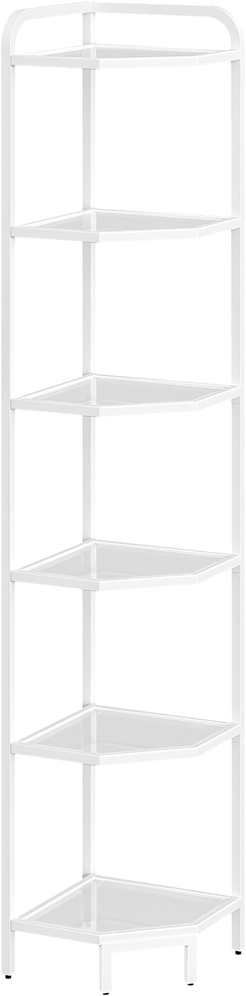 Hzuaneri Corner Shelf Stand, 6-Tier Glass Bookshelf Bookcase, Plant Stand | Bathroom Organizer Steel Frame, Tempered Glass, Modern Style for Living Room, Bathroom, Kitchen, White CS90613W