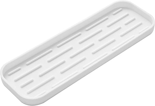 MicoYang Silicone Kitchen Sink Organizer Tray for Multiple Usage,Eco-Friendly Sponges Holder for Kitchen Bathroom Counter or Sink,Dish Soap Dispenser,Scrubber,Bottle,Cup (White, 12"×4")